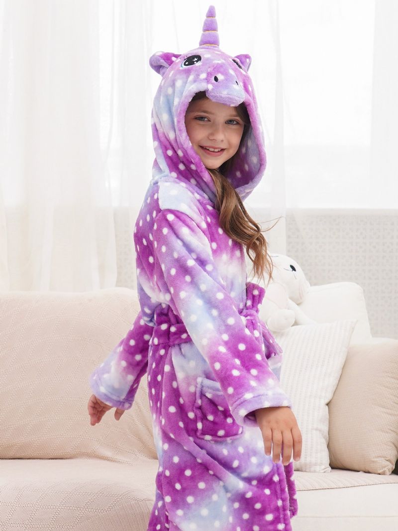 Flickor Unicorn Hooded Morgonrock Lila Galaxy Dots Fleece Barnkläder Sovkläder