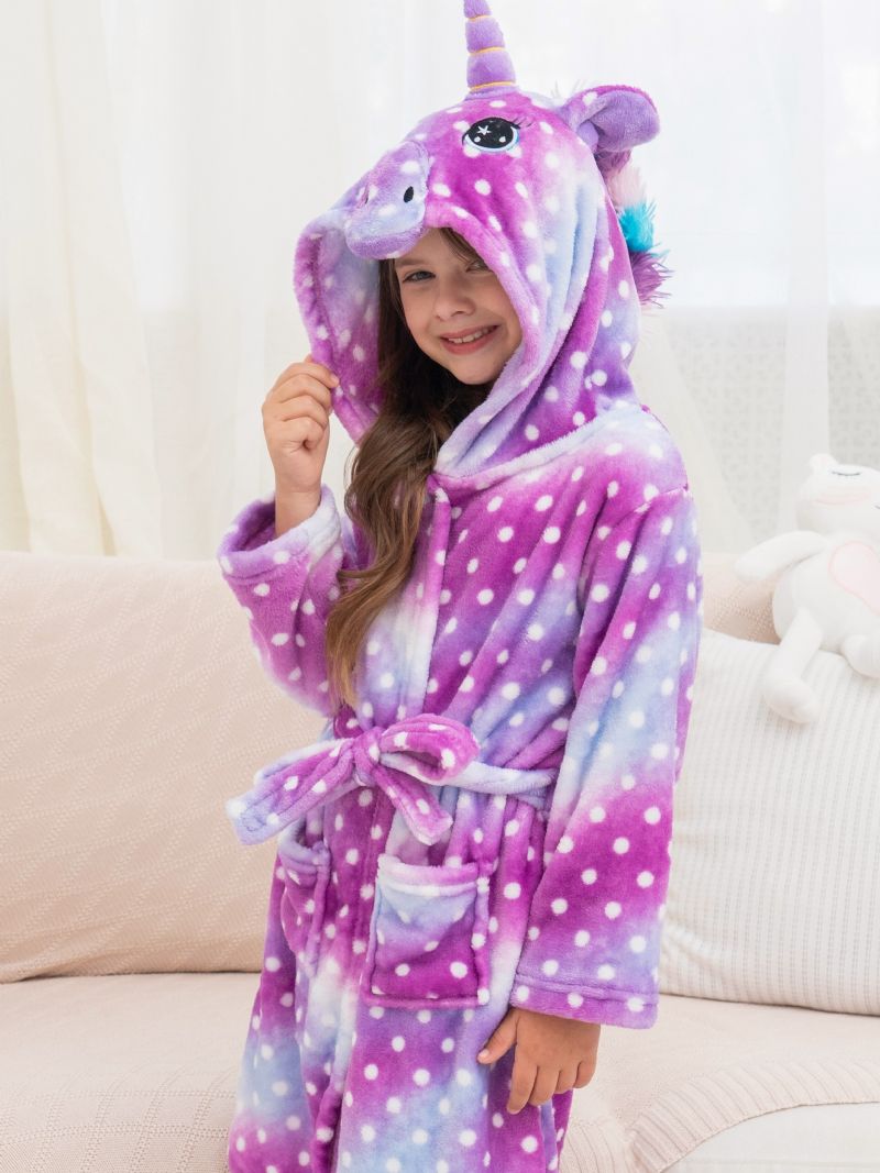 Flickor Unicorn Hooded Morgonrock Lila Galaxy Dots Fleece Barnkläder Sovkläder