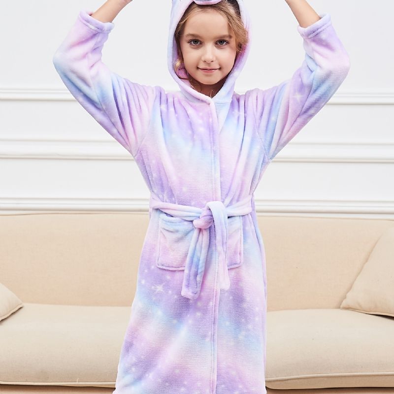 Flickor Unicorn Hooded Morgonrock Ljuslila Galaxy Fleece Barnkläder Sovkläder