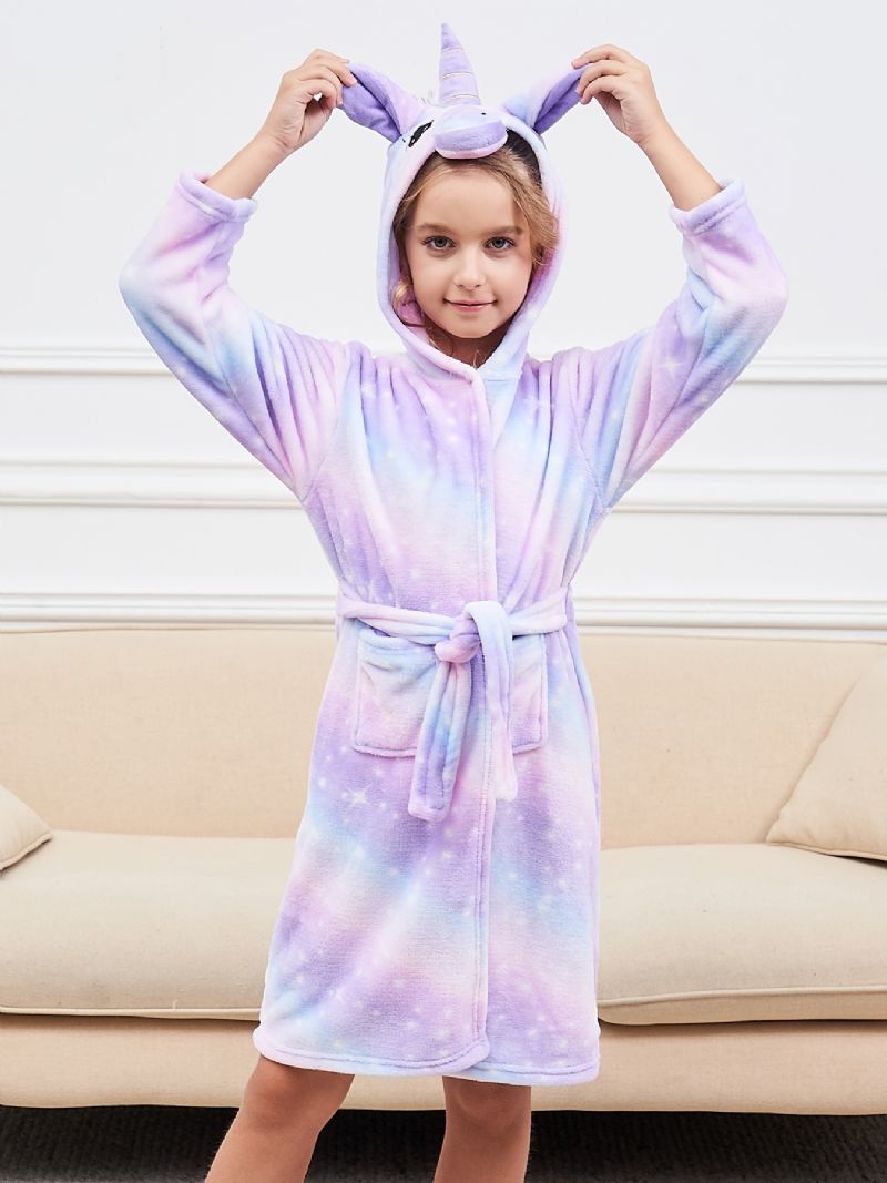 Flickor Unicorn Hooded Morgonrock Ljuslila Galaxy Fleece Barnkläder Sovkläder