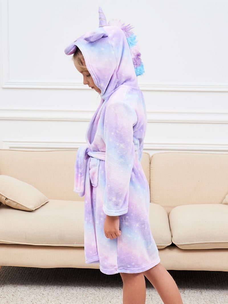 Flickor Unicorn Hooded Morgonrock Ljuslila Galaxy Fleece Barnkläder Sovkläder