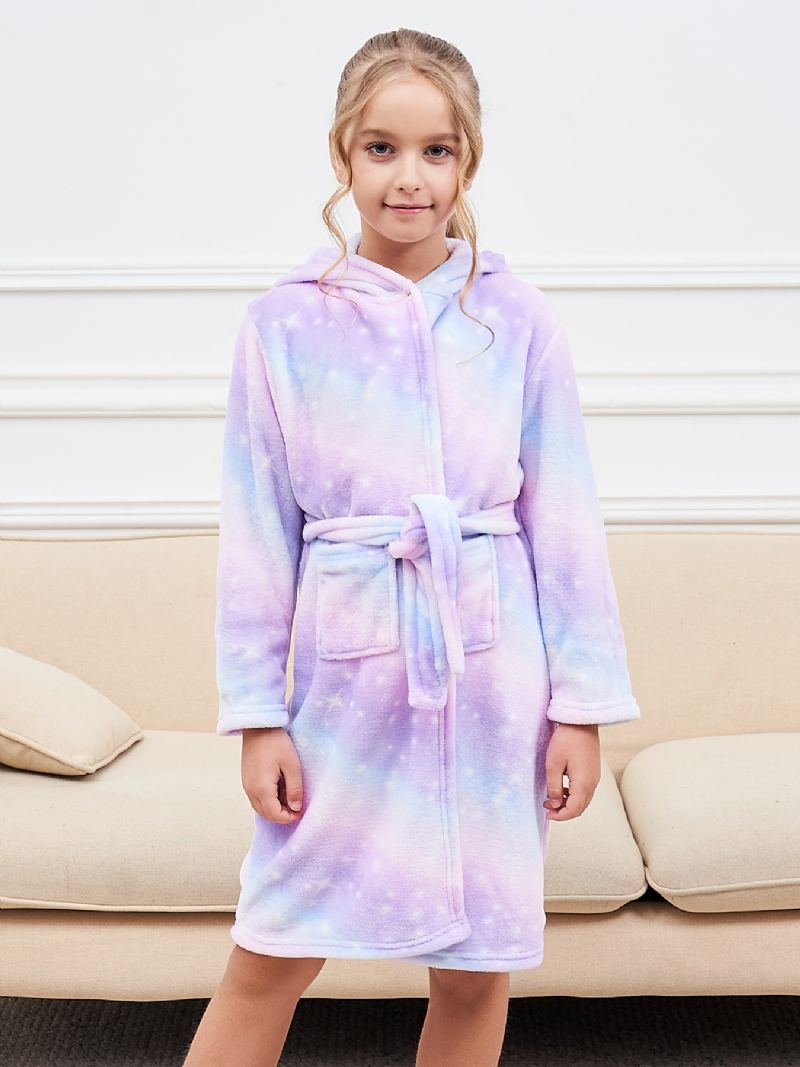 Flickor Unicorn Hooded Morgonrock Ljuslila Galaxy Fleece Barnkläder Sovkläder