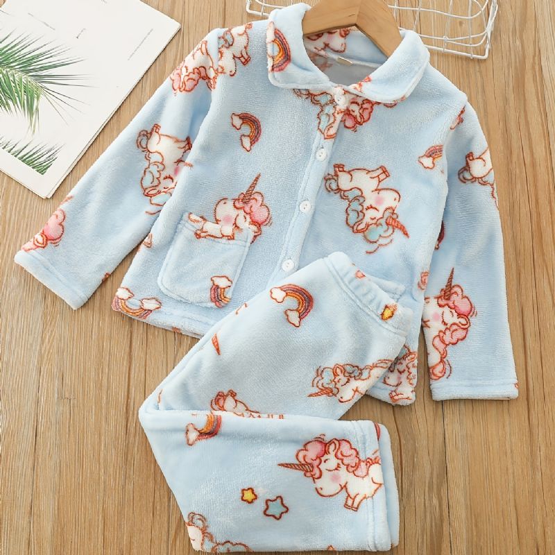 Flickor Varm Unicorn Print Knäppt Topp + Byxor Pyjamas Set Barnkläder Sovkläder För Vintern