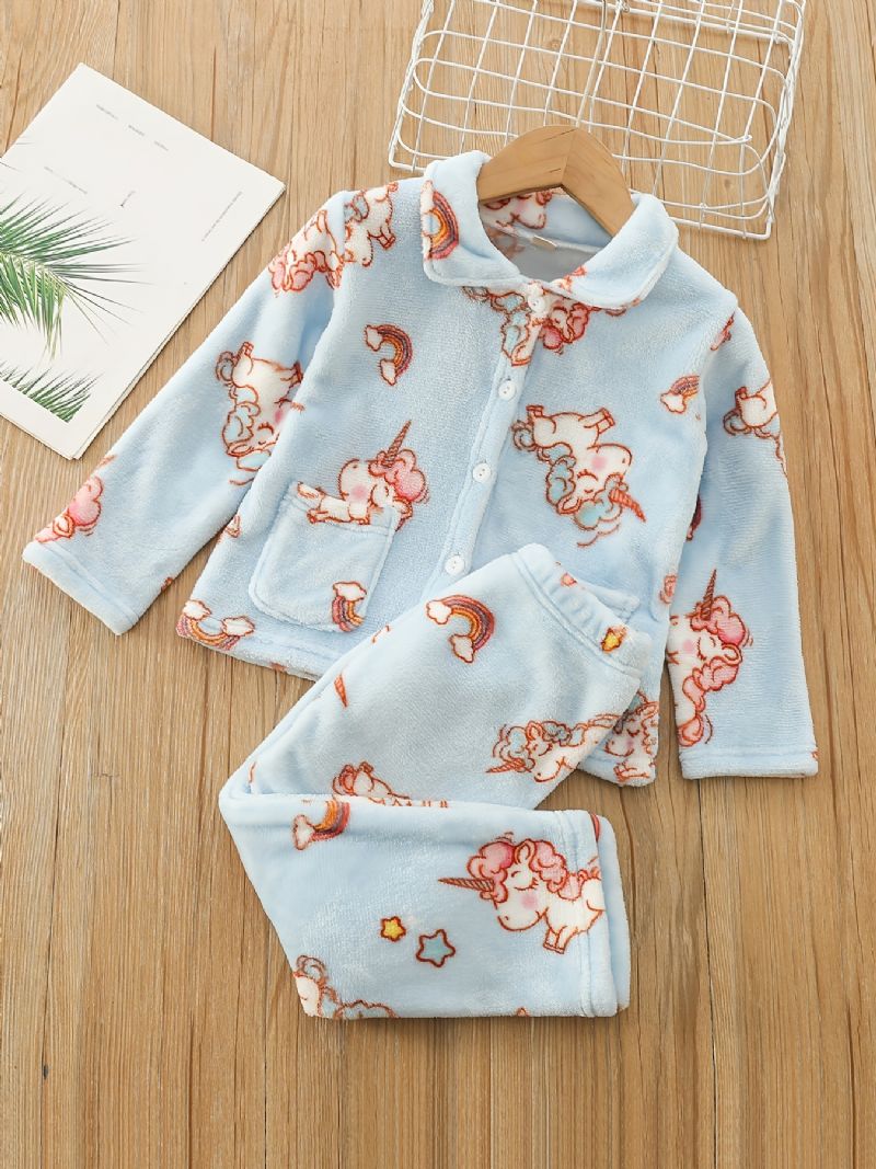 Flickor Varm Unicorn Print Knäppt Topp + Byxor Pyjamas Set Barnkläder Sovkläder För Vintern