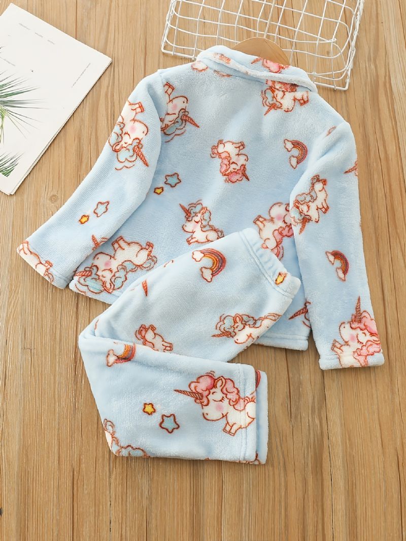 Flickor Varm Unicorn Print Knäppt Topp + Byxor Pyjamas Set Barnkläder Sovkläder För Vintern