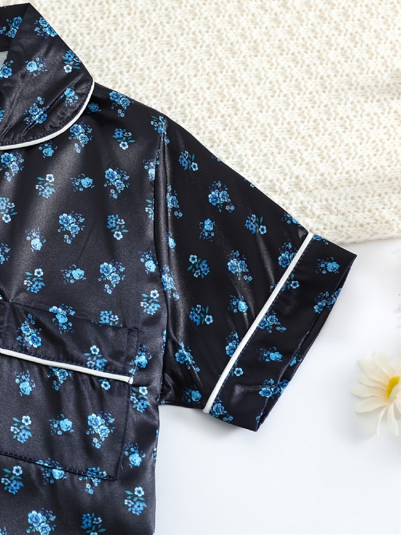 Kortärmade Flickor Shorts Svart Tyg Små Blommönster Casual Pyjamas Tvådelad Set