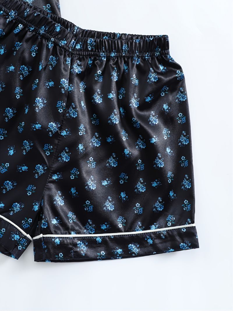 Kortärmade Flickor Shorts Svart Tyg Små Blommönster Casual Pyjamas Tvådelad Set