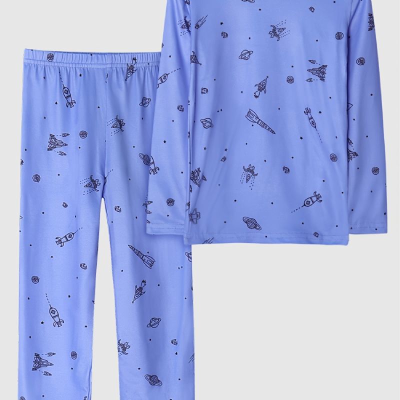 Pojkar Blue Airplane Raket Print Pyjamas Set