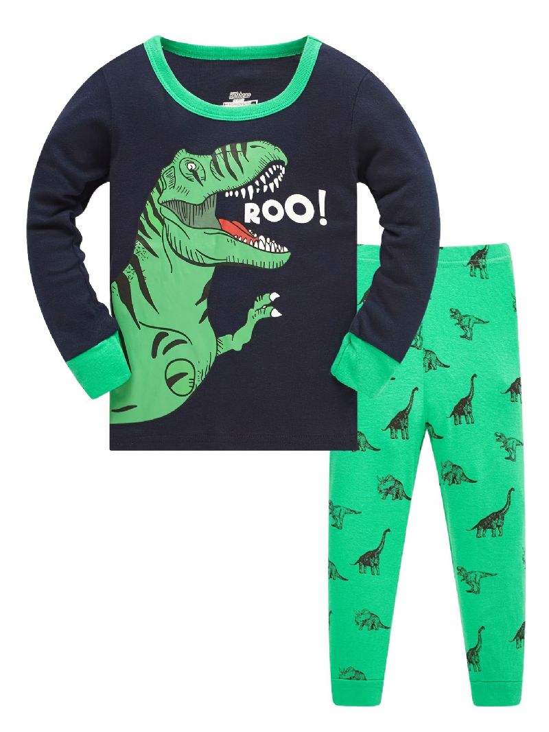 Pojkar Lounge Wear Homewear Långärmad Topp & Matchande Byxor Set Med Tecknad Dinosaurietryck Pyjamasset