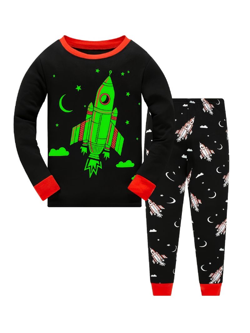 Pojkar Pyjamas Rocket Print Glow-in-the-dark Rundhalsad Långärmad Topp Och Byxa Set