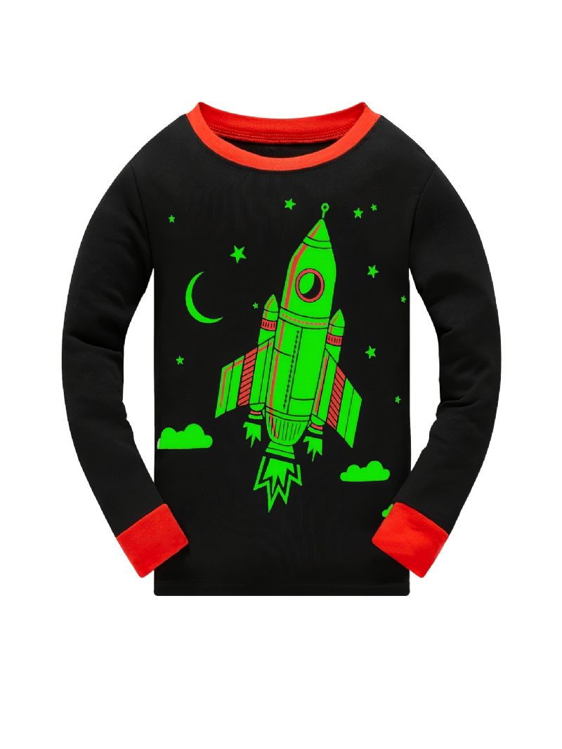 Pojkar Pyjamas Rocket Print Glow-in-the-dark Rundhalsad Långärmad Topp Och Byxa Set