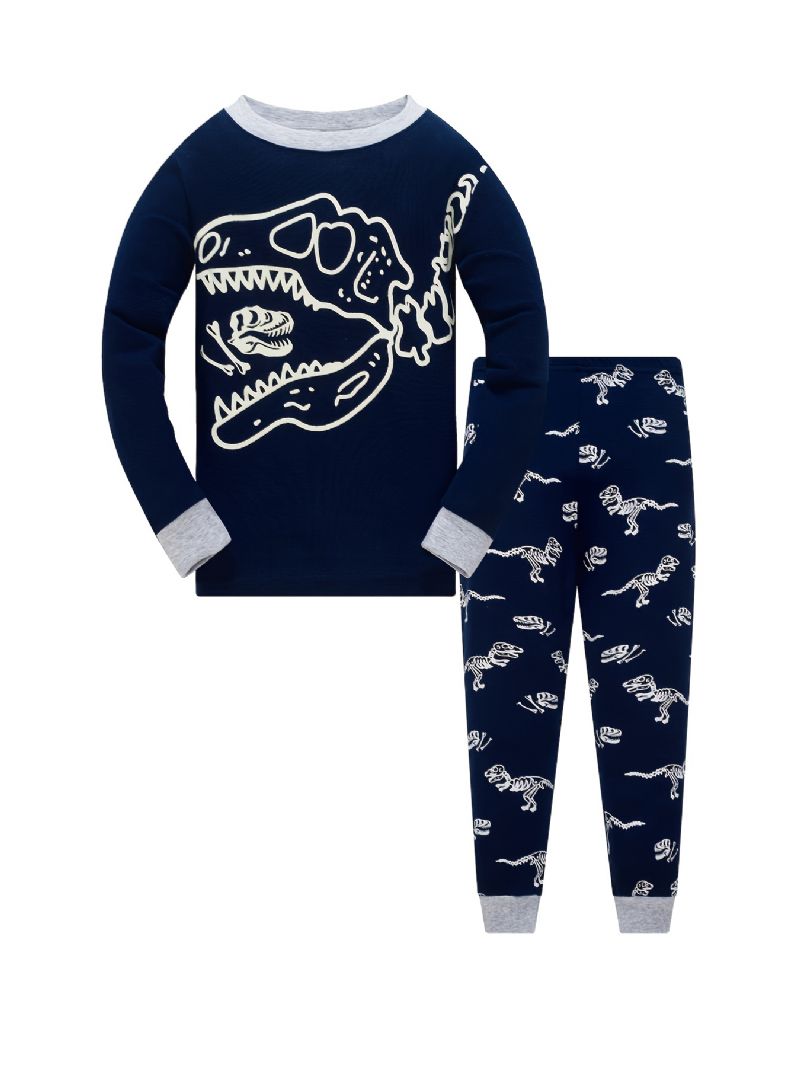 Pojkar Pyjamas Söt Dinosaurietryck Glow-in-the-dark Rundhalsad Långärmad Topp Och Byxa Set