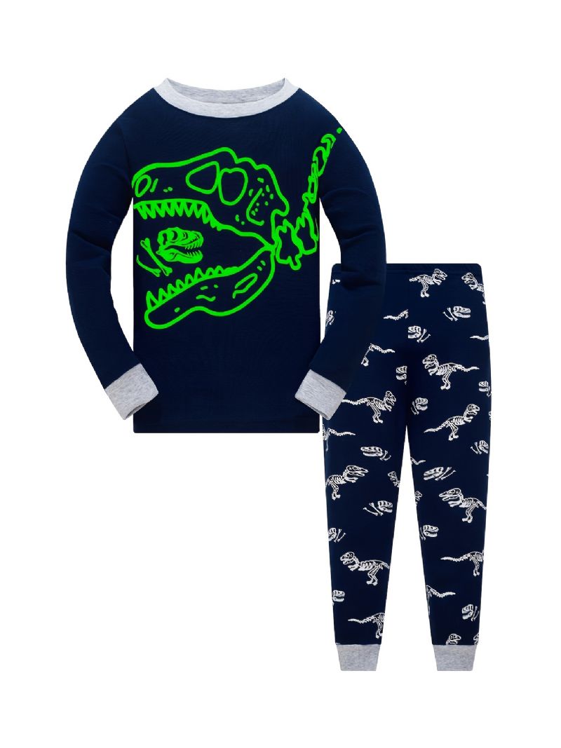 Pojkar Pyjamas Söt Dinosaurietryck Glow-in-the-dark Rundhalsad Långärmad Topp Och Byxa Set