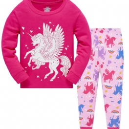 Popshion 2st Flickor Fluorescerande Unicorn Glödande Tecknad Djur Långärmad Pyjamas Bomullsdräkt