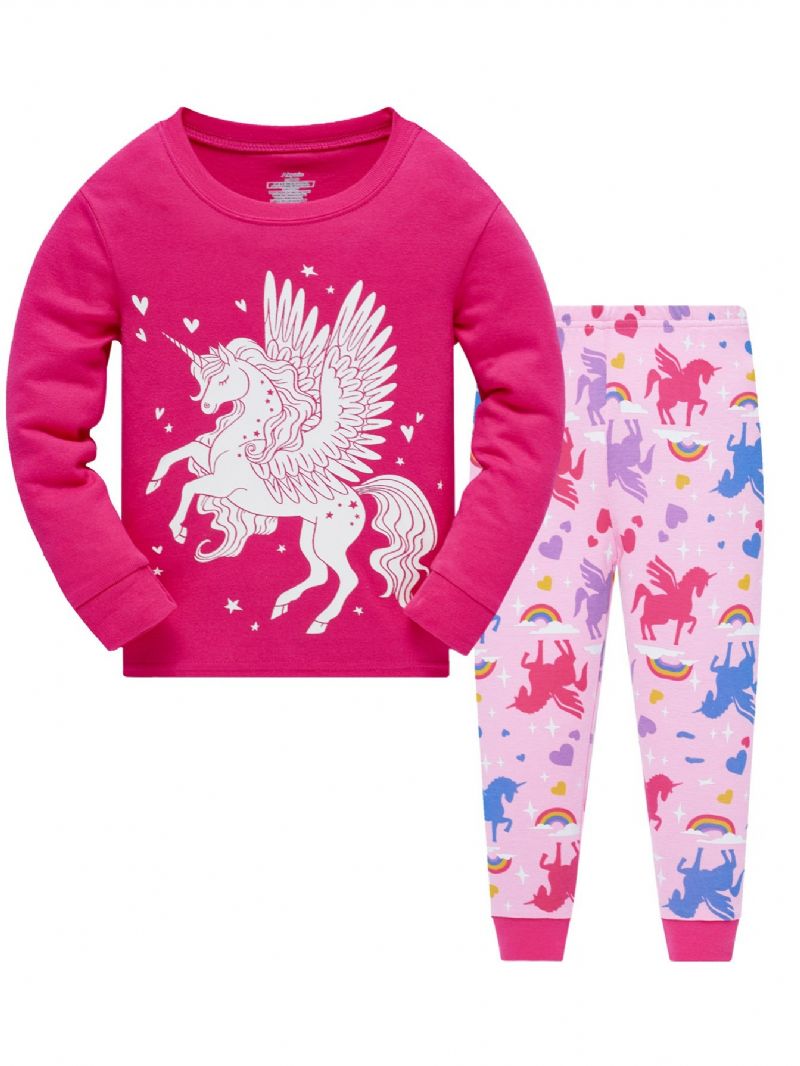 Popshion 2st Flickor Fluorescerande Unicorn Glödande Tecknad Djur Långärmad Pyjamas Bomullsdräkt