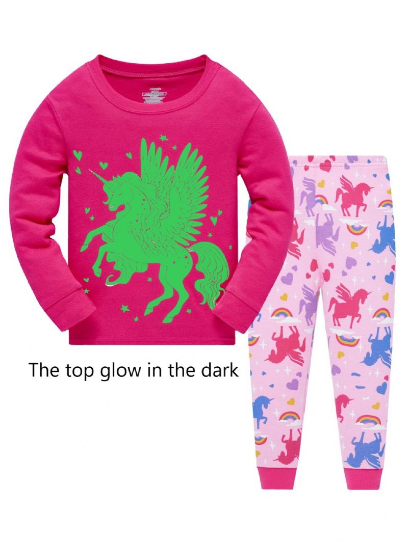 Popshion 2st Flickor Fluorescerande Unicorn Glödande Tecknad Djur Långärmad Pyjamas Bomullsdräkt