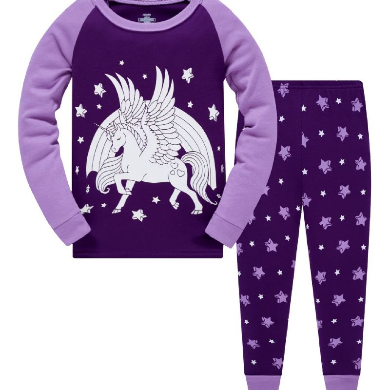 Popshion 2st Flickor Fluorescerande Unicorn Glödande Tecknad Lila Långärmad Pyjamas Bomullsdräkt