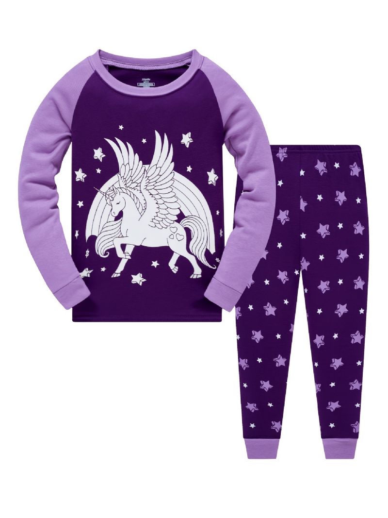 Popshion 2st Flickor Fluorescerande Unicorn Glödande Tecknad Lila Långärmad Pyjamas Bomullsdräkt