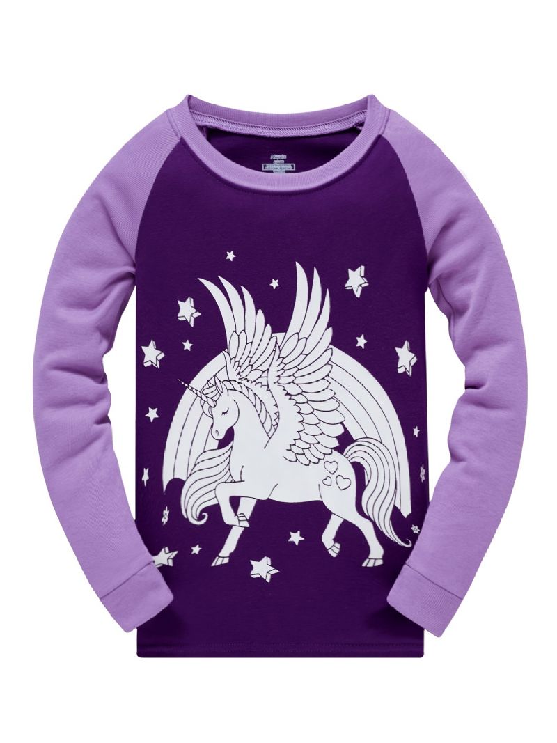 Popshion 2st Flickor Fluorescerande Unicorn Glödande Tecknad Lila Långärmad Pyjamas Bomullsdräkt