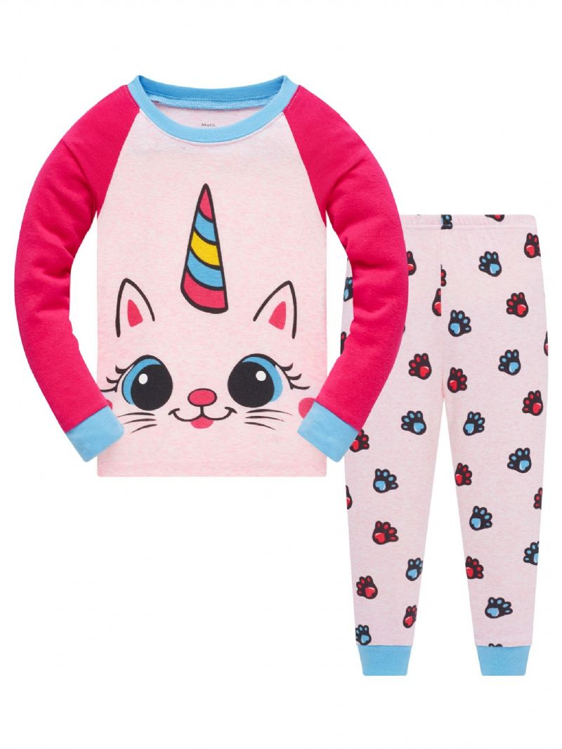 Popshion 2st Flickor Katt Aniaml Tecknat Mönster Topp & Tasstryck Pyjamas Byxor Set