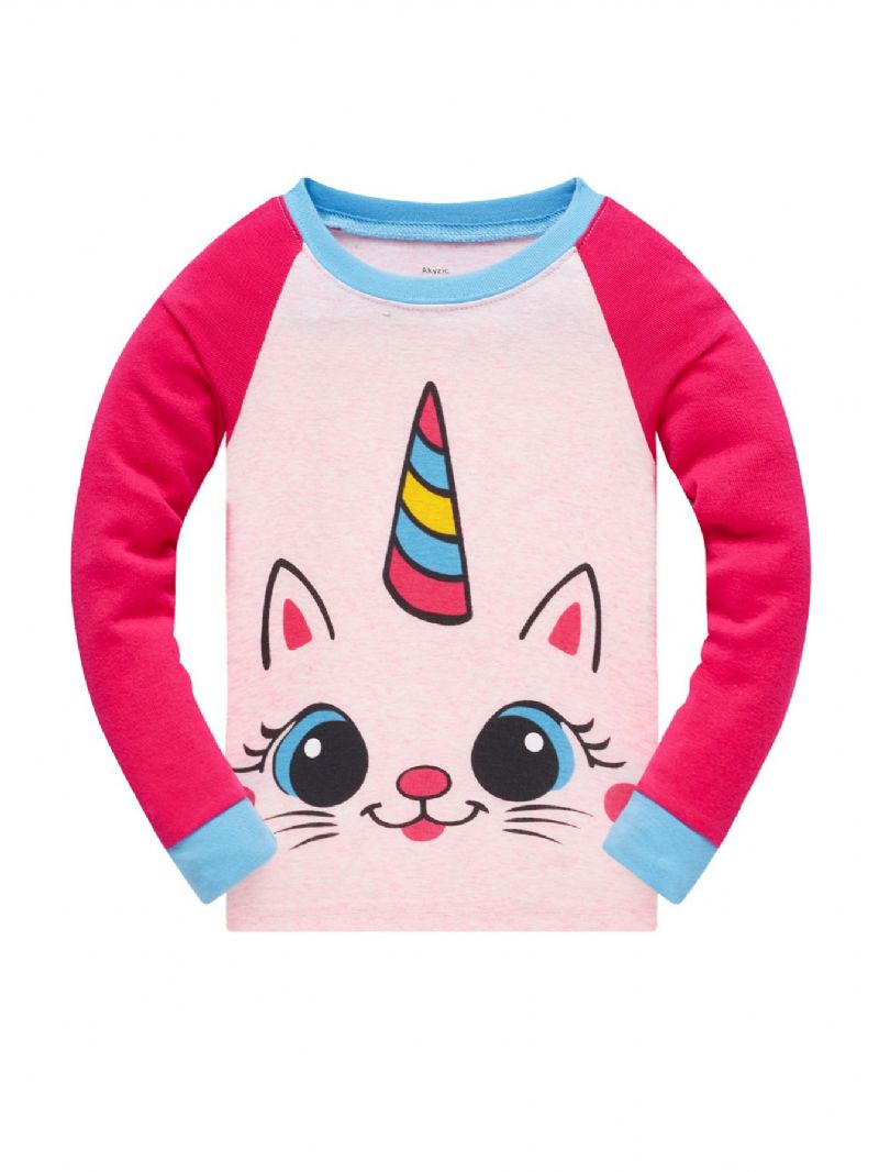 Popshion 2st Flickor Katt Aniaml Tecknat Mönster Topp & Tasstryck Pyjamas Byxor Set