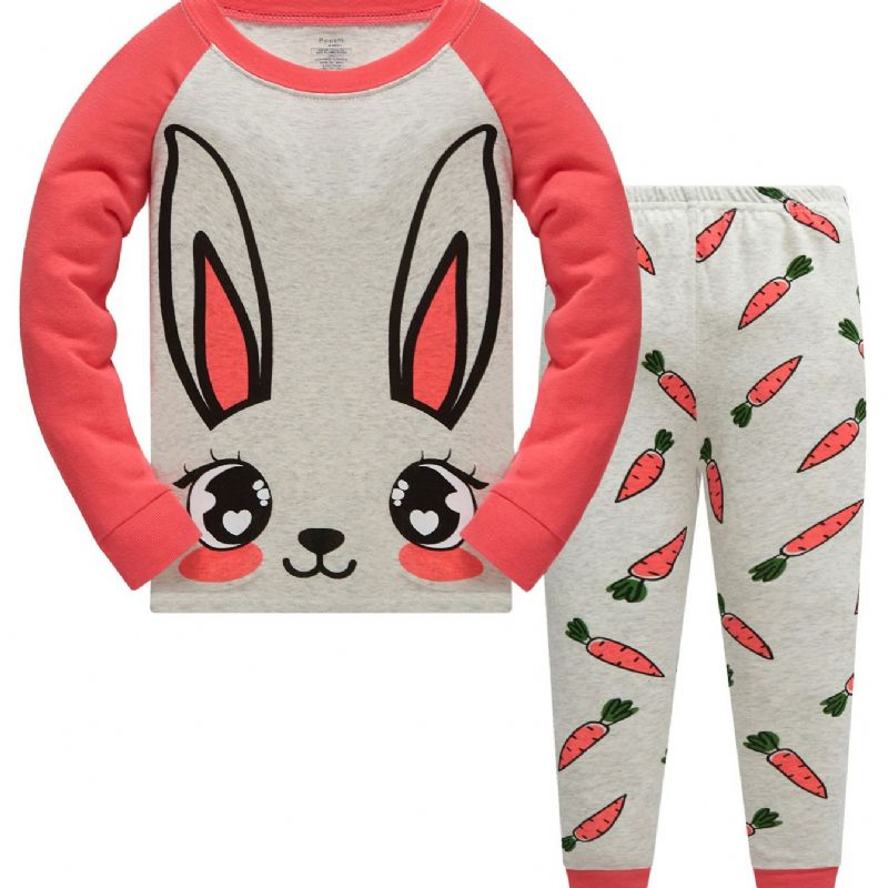 Popshion 2st Flickor Rabbit Cartoon Color Block Top & Rädisamönster Pyjamasbyxor Set