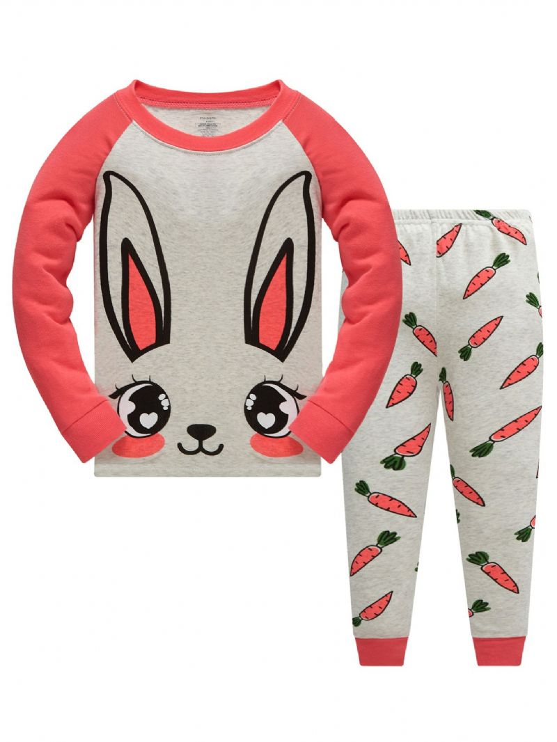 Popshion 2st Flickor Rabbit Cartoon Color Block Top & Rädisamönster Pyjamasbyxor Set