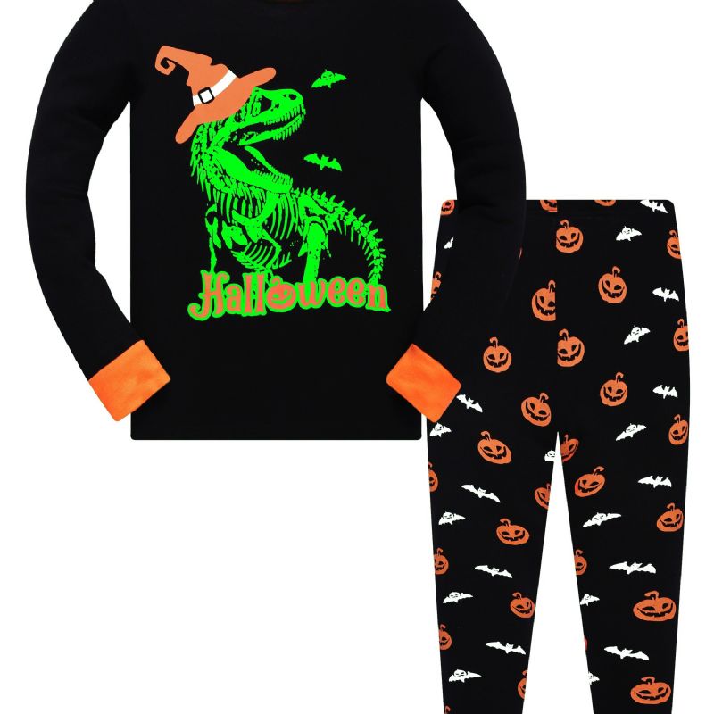 Popshion 2st Pojkar Halloween Fluorescerande Tecknad Dinosaurie Glödande Skelettben Långärmad Pyjamas Bomullsdräkt