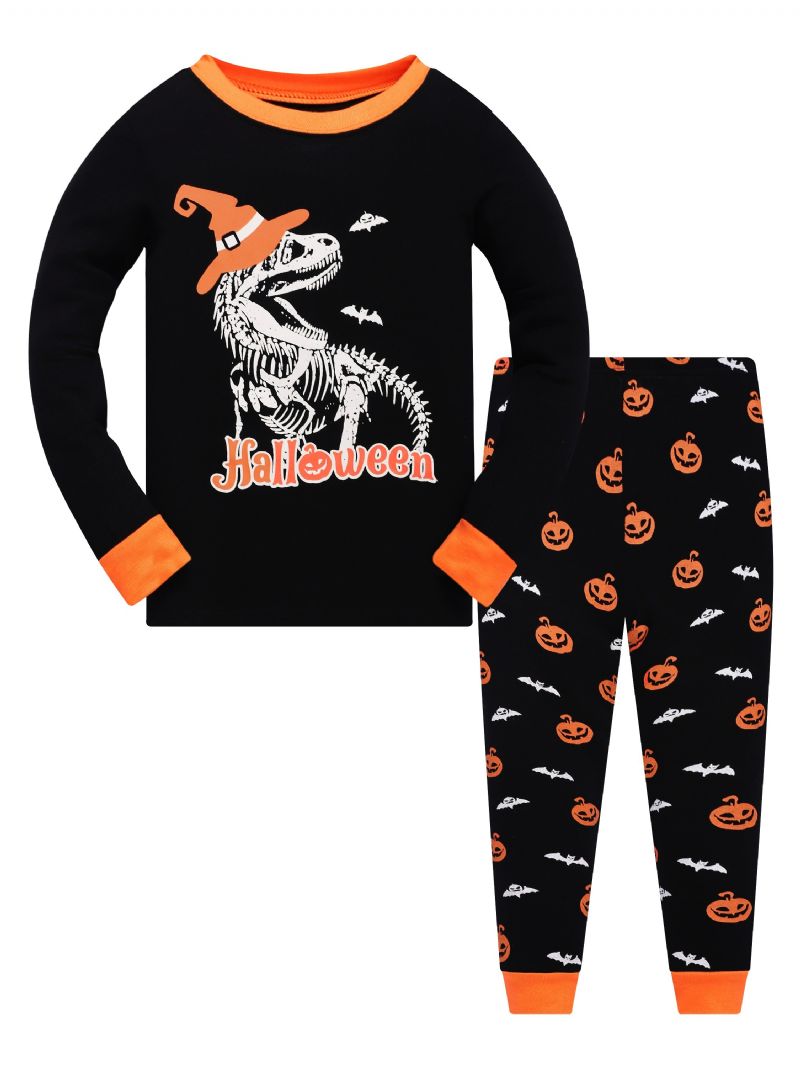 Popshion 2st Pojkar Halloween Fluorescerande Tecknad Dinosaurie Glödande Skelettben Långärmad Pyjamas Bomullsdräkt