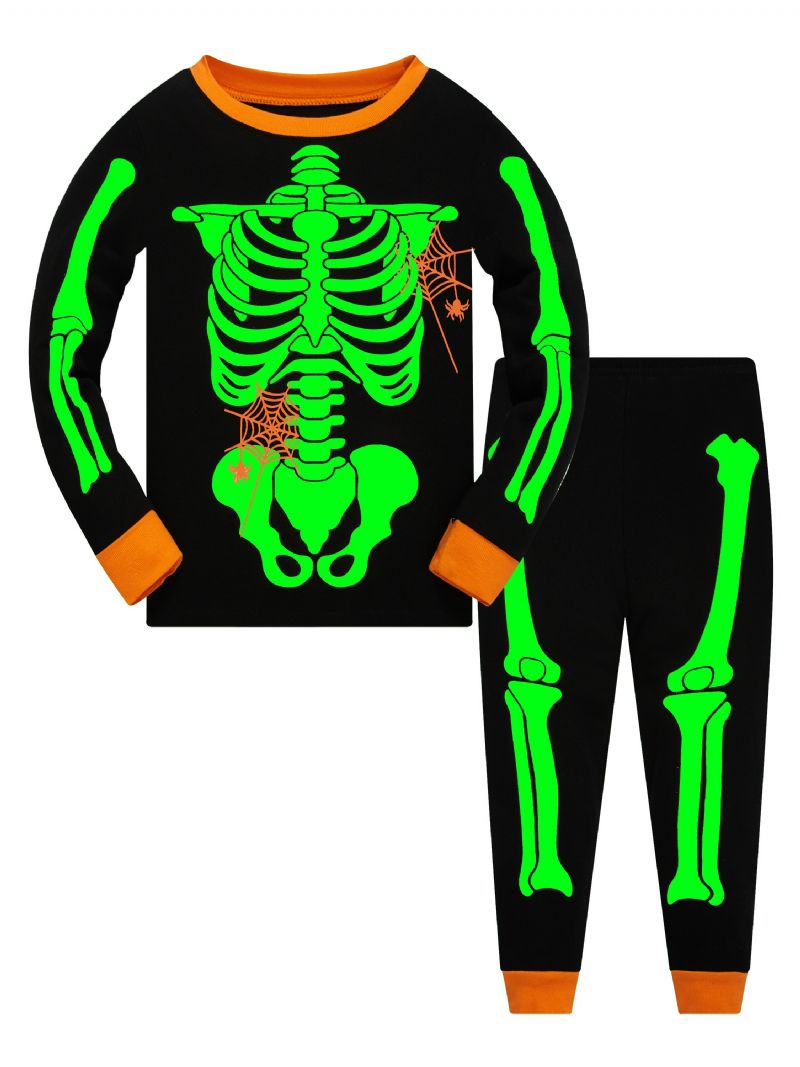 Popshion 2st Småbarn Barn Pyjamas Glow In Dark Halloween Skeleton Cotton Sovkläder Set Pojkar Fluorescerande Elf Skull Spindelnät Långärmad Bomullsdräkt