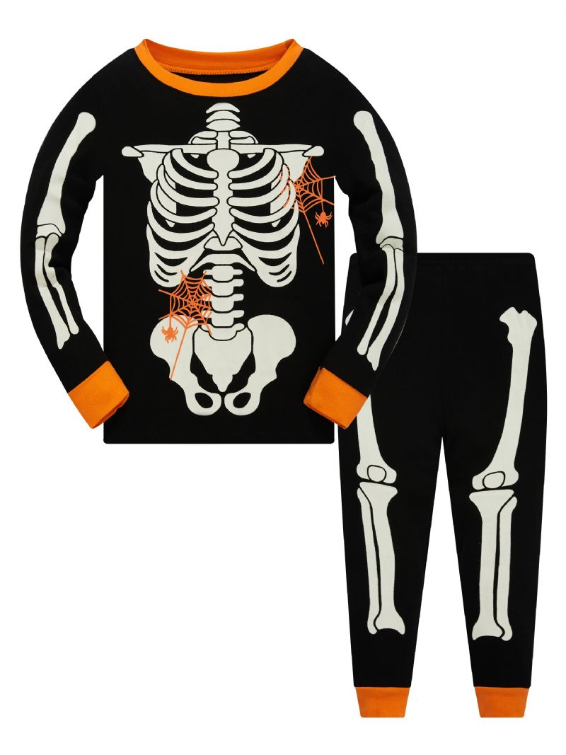 Popshion 2st Småbarn Barn Pyjamas Glow In Dark Halloween Skeleton Cotton Sovkläder Set Pojkar Fluorescerande Elf Skull Spindelnät Långärmad Bomullsdräkt