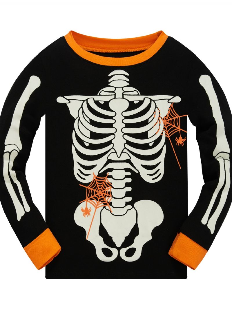 Popshion 2st Småbarn Barn Pyjamas Glow In Dark Halloween Skeleton Cotton Sovkläder Set Pojkar Fluorescerande Elf Skull Spindelnät Långärmad Bomullsdräkt