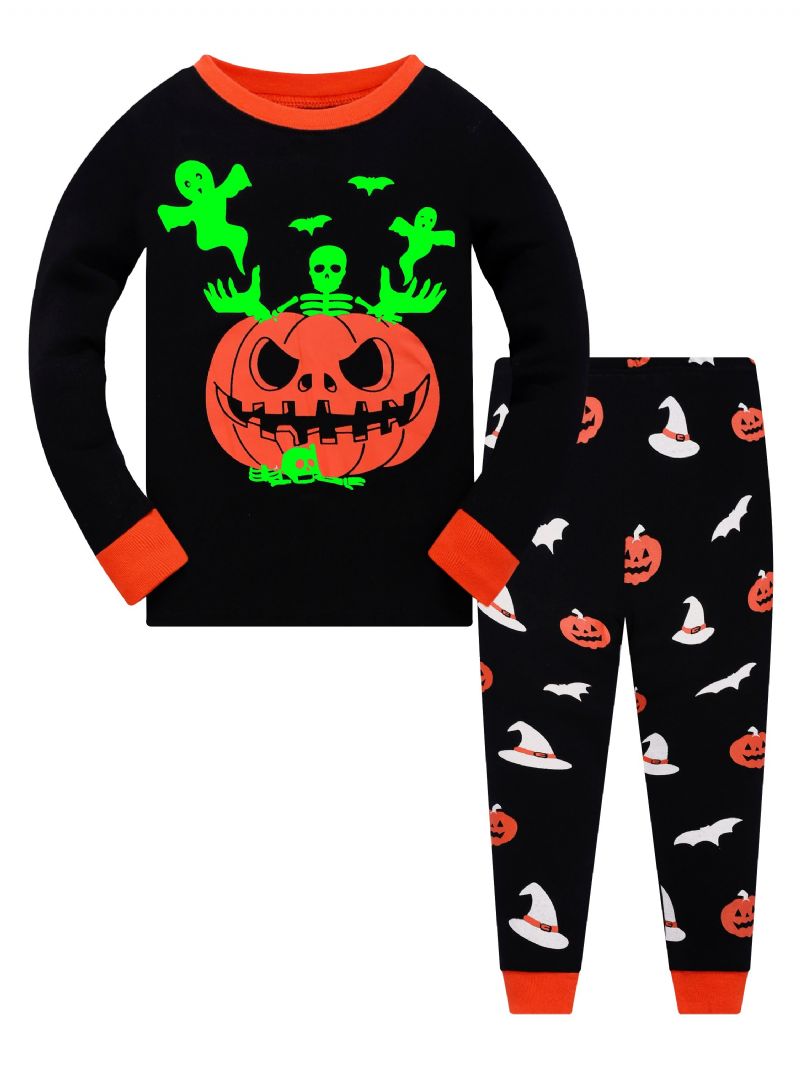 Popshion Pojkar Fluorescerande Halloween Pumpkin Skull Bat Långärmad Pyjamas Byxa Set