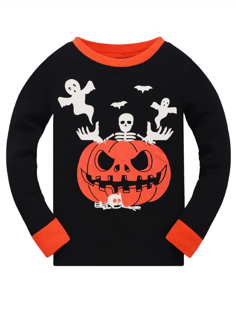 Popshion Pojkar Fluorescerande Halloween Pumpkin Skull Bat Långärmad Pyjamas Byxa Set