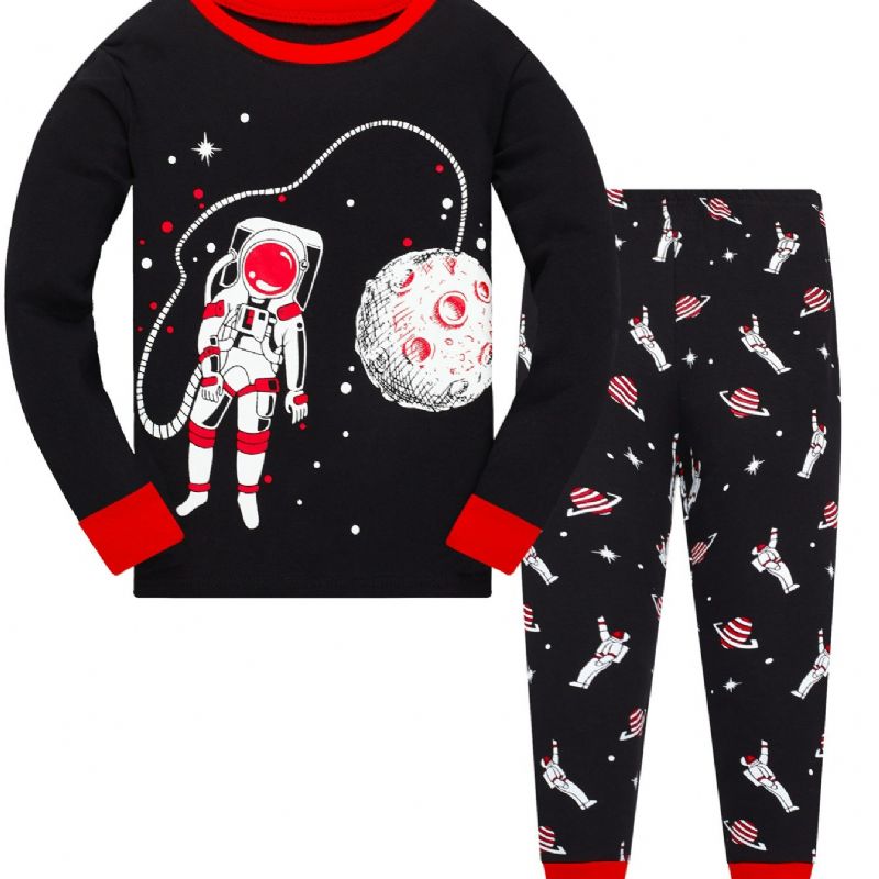 Popshion Pojkar Luminous Astronaut Star Moon Rymdskepp Top & Contrast Trim Pyjamas Byx Set