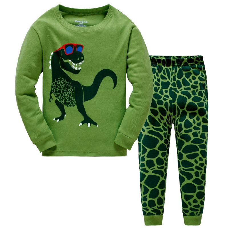 Popshion Pojkar Pyjame Set 2st Casual Dinosaur Crewneck Army Green Loungewear