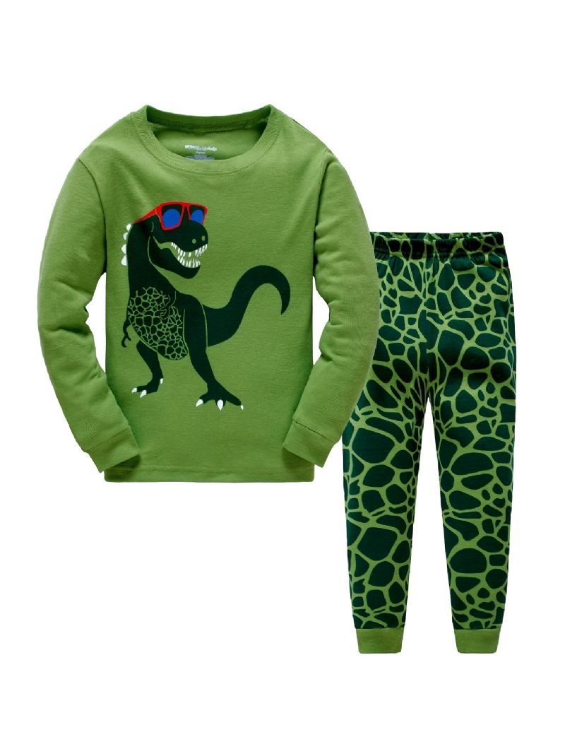 Popshion Pojkar Pyjame Set 2st Casual Dinosaur Crewneck Army Green Loungewear