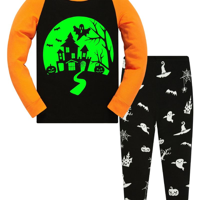 Popshion Pojkar Spider Pumpkin Bat Ghost Witch Långärmad Pyjamas Set