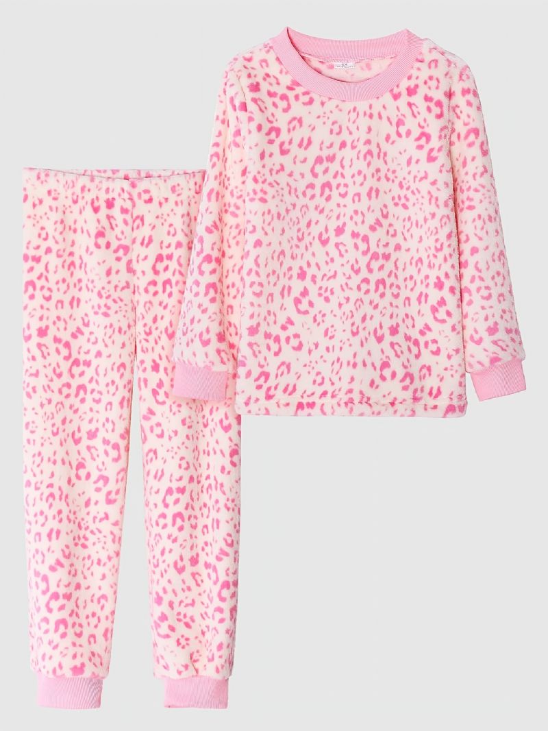 Pyjamas För Flickor Familjekläder Rosa Leopard Med Rund Hals Och Långärmad Topp & Byxuppsättning Barnkläder