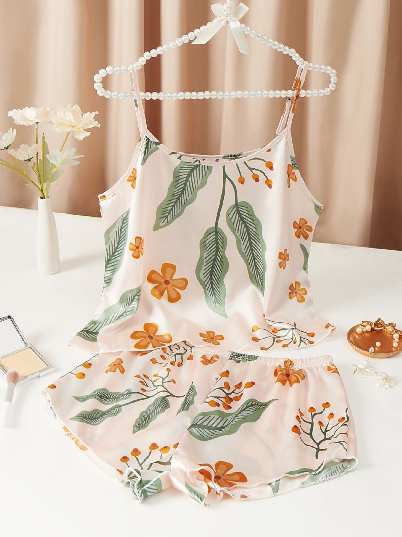 Silkeslen Blommig Satin Pyjamas Crop Cami Top & Pojkar Shorts Set Damunderkläder Och Nattkläder