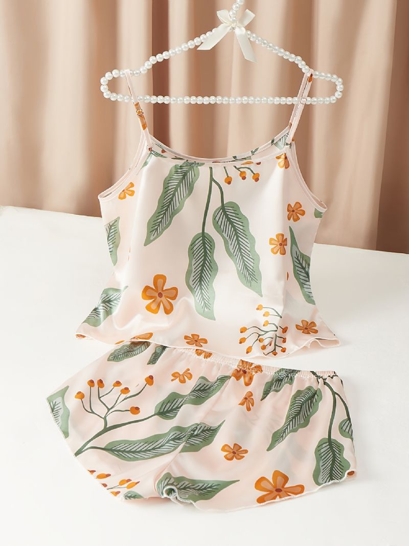 Silkeslen Blommig Satin Pyjamas Crop Cami Top & Pojkar Shorts Set Damunderkläder Och Nattkläder