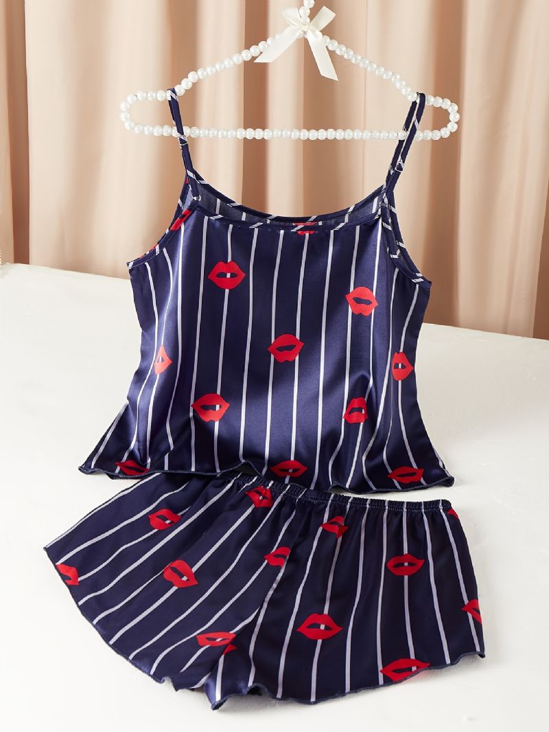 Silkeslena Läppar Mönster Satin Pyjamas Crop Cami Top & Pojkar Shorts Set Damunderkläder Och Nattkläder