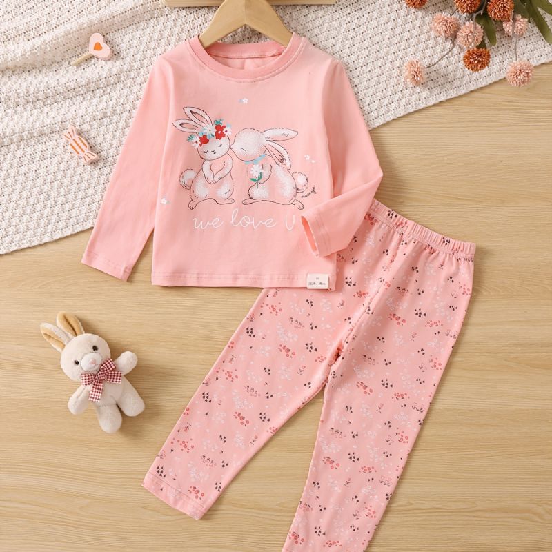 Småbarn Bebis Flickor Pyjamas Familjeoutfit Kanintryck Rundhalsad Långärmad Topp & Blommor Print Byx Set