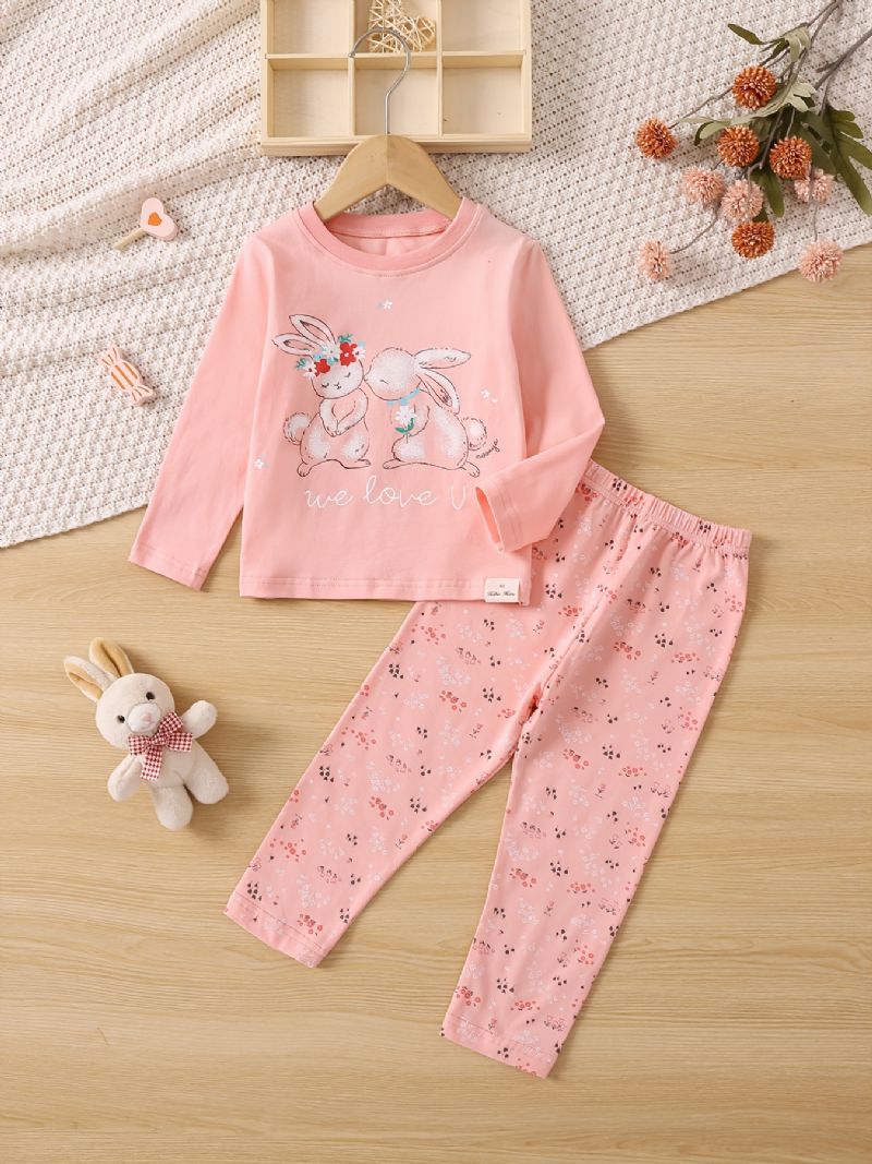 Småbarn Bebis Flickor Pyjamas Familjeoutfit Kanintryck Rundhalsad Långärmad Topp & Blommor Print Byx Set