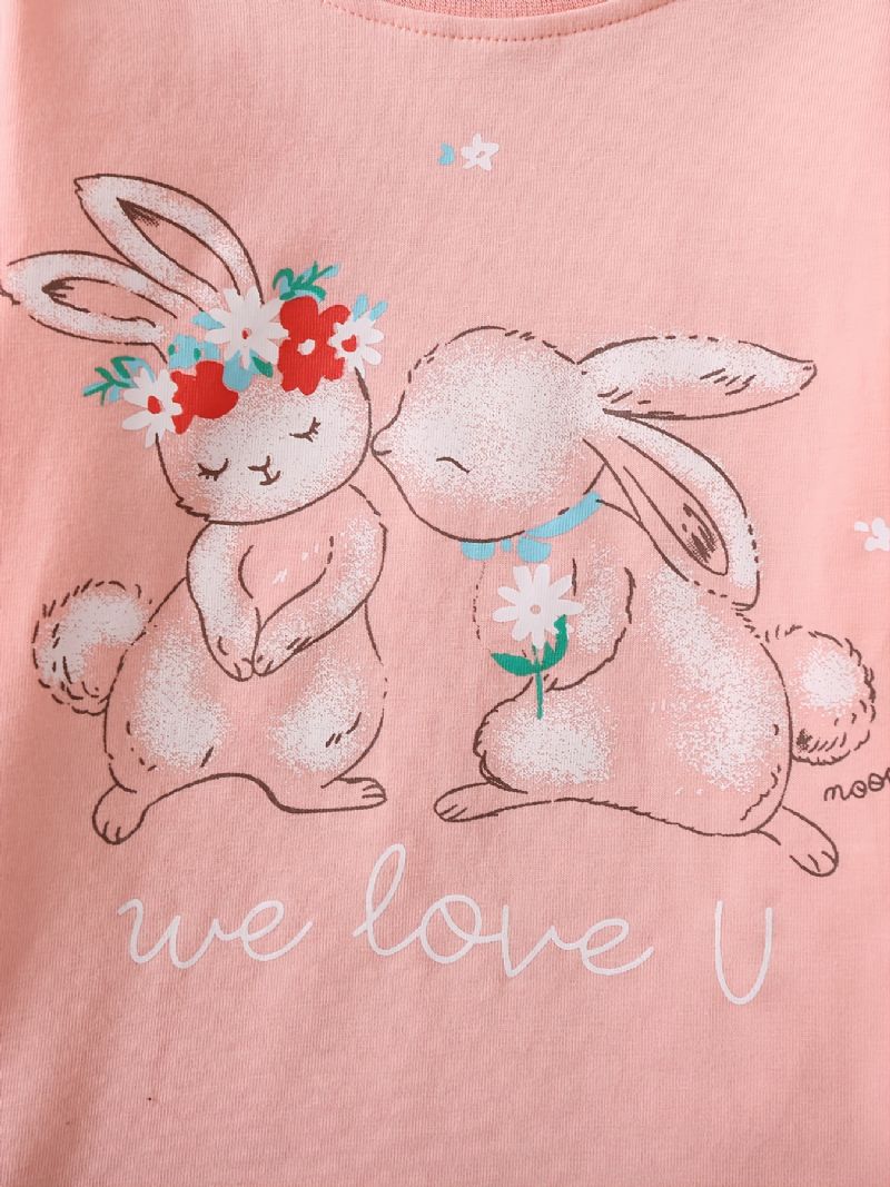 Småbarn Bebis Flickor Pyjamas Familjeoutfit Kanintryck Rundhalsad Långärmad Topp & Blommor Print Byx Set