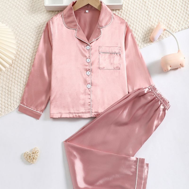 Småbarn Bebis Flickor Satin Pyjamas Set Långärmad Button Down Enfärgad Nattkläder Och Byxor Barnkläder