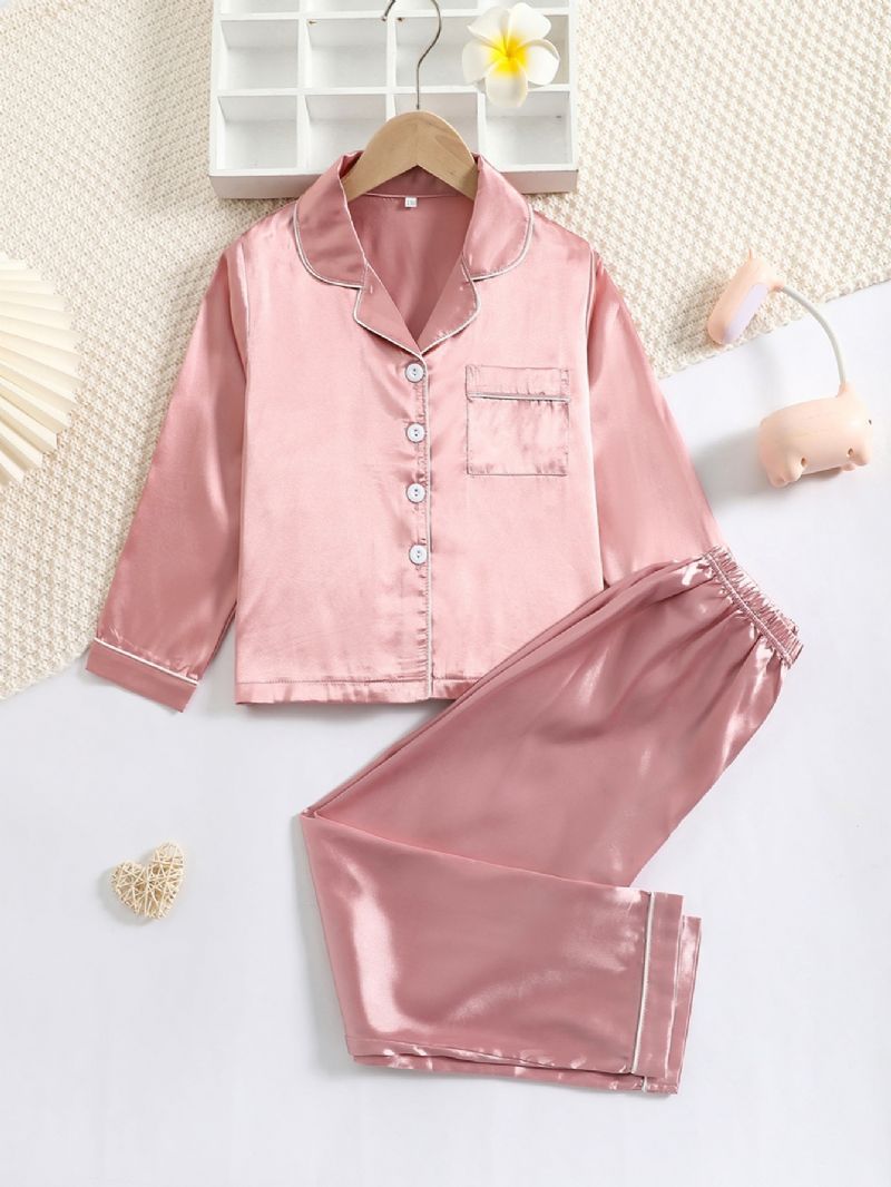 Småbarn Bebis Flickor Satin Pyjamas Set Långärmad Button Down Enfärgad Nattkläder Och Byxor Barnkläder