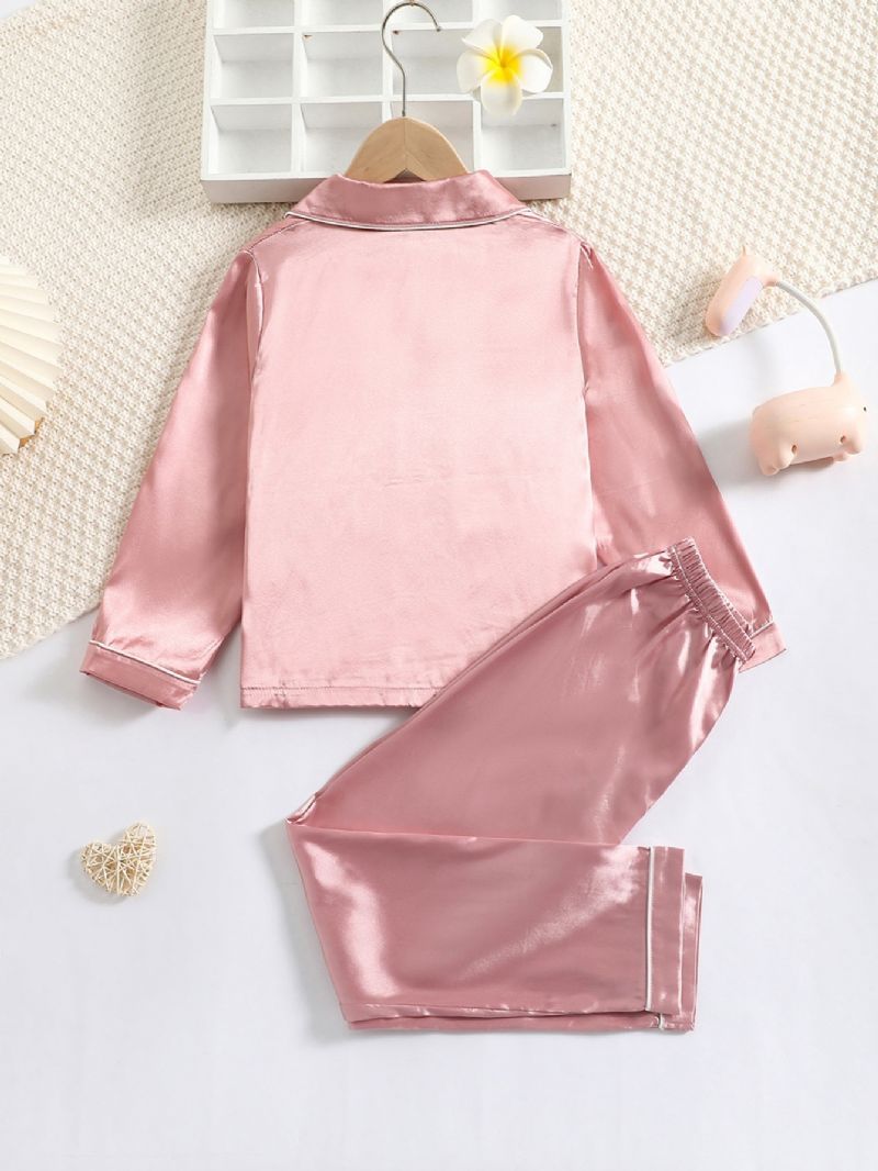 Småbarn Bebis Flickor Satin Pyjamas Set Långärmad Button Down Enfärgad Nattkläder Och Byxor Barnkläder