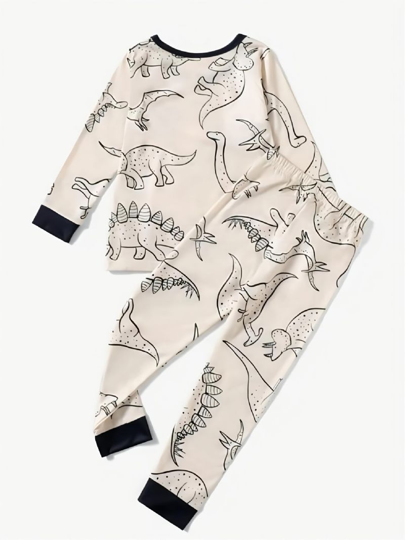 Småbarn Pojkar Tecknad Dinosaurietryck Långärmad Crewneck Topp Pyjamasset Sovkläder Barnkläder Set