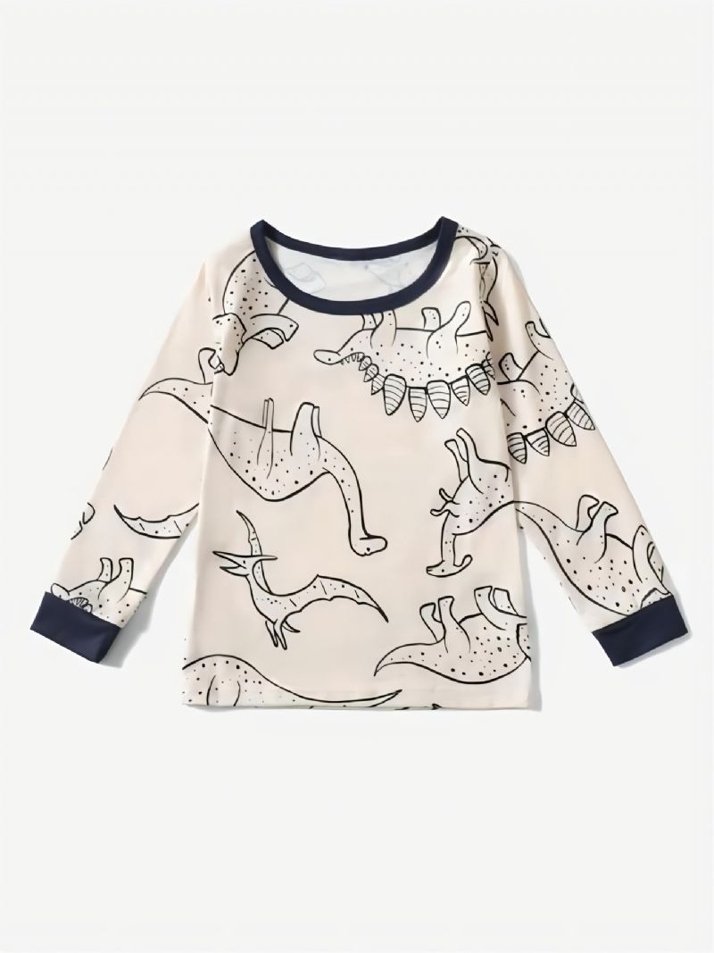 Småbarn Pojkar Tecknad Dinosaurietryck Långärmad Crewneck Topp Pyjamasset Sovkläder Barnkläder Set